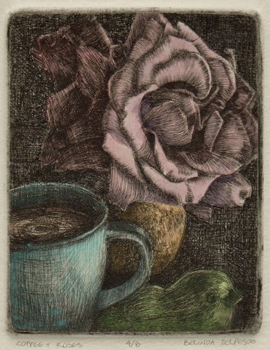a drypoint on plexiglass print of a rose, a bird and a cup of coffee