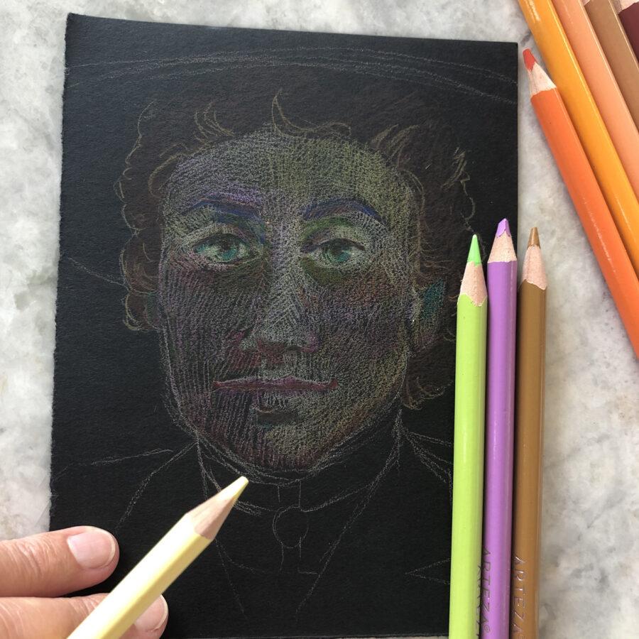 Colored Pencil Portrait on Black Paper - Belinda Del Pesco