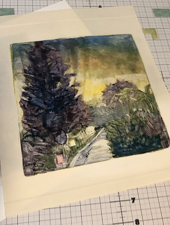Monotype Print from Drafting Film with Water Soluble Crayons and