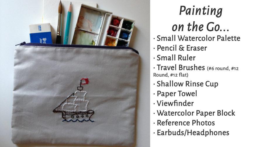 a zippered pouch with painting and watercolor supplies inside